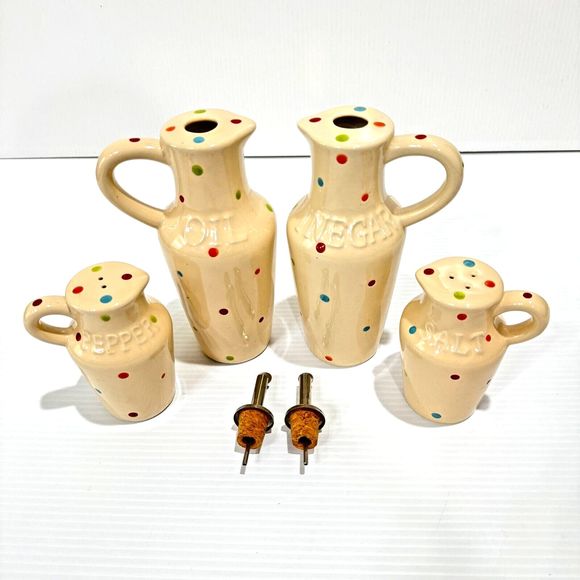 Temp-tations Temptations By Tara Polka Dot 5 pc Condiment Set Oil Vinegar Salt - Picture 14 of 15